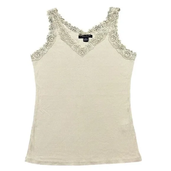 Vtg Y2K Lace Trimmed Tank Top Womens Sz XL Beige Fairycore Beaded Coquette Fairy - Picture 3 of 13